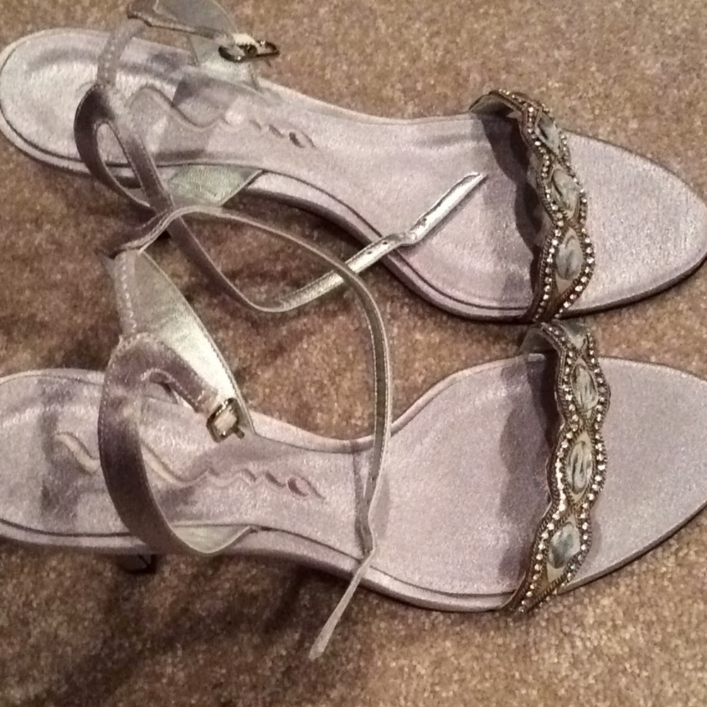 Nina silver Gray Special Occasion Sandals Heels shoes, 9.5 Ribbon Design Bling